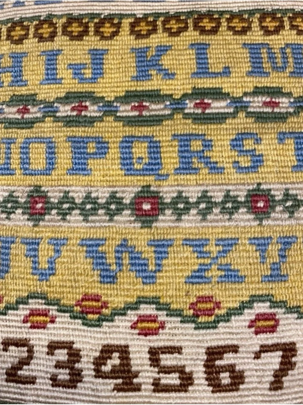 Vintage Embroidered Needlework Alphabet Sampler Pillow 12” x 12” -AA9